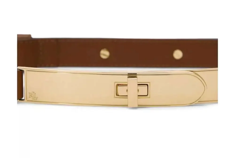 Ralph Lauren Women's Turn-Lock Skinny Leather Belt in Tan Large L with tags